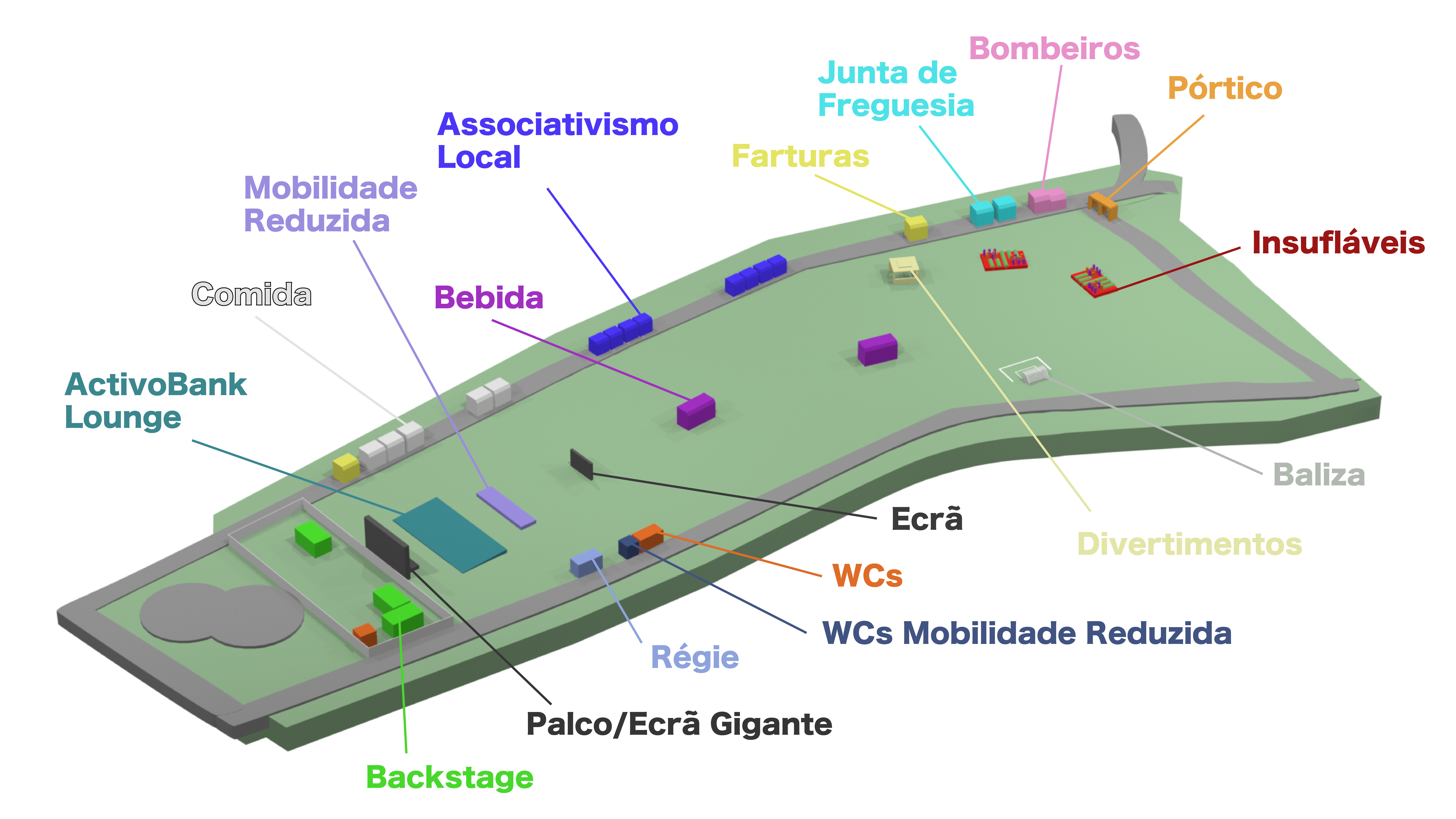 Mapa do recinto Goalfest com legenda das zonas: palco, ecrã gigante, food trucks, bebidas, WCs, zonas de mobilidade reduzida e entradas.